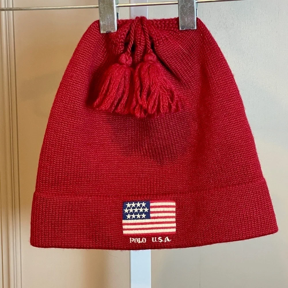 Vintage Polo Ralph Lauren USA Flag Beanie RARE Adult NWOT Wool 90s red knit Y2K